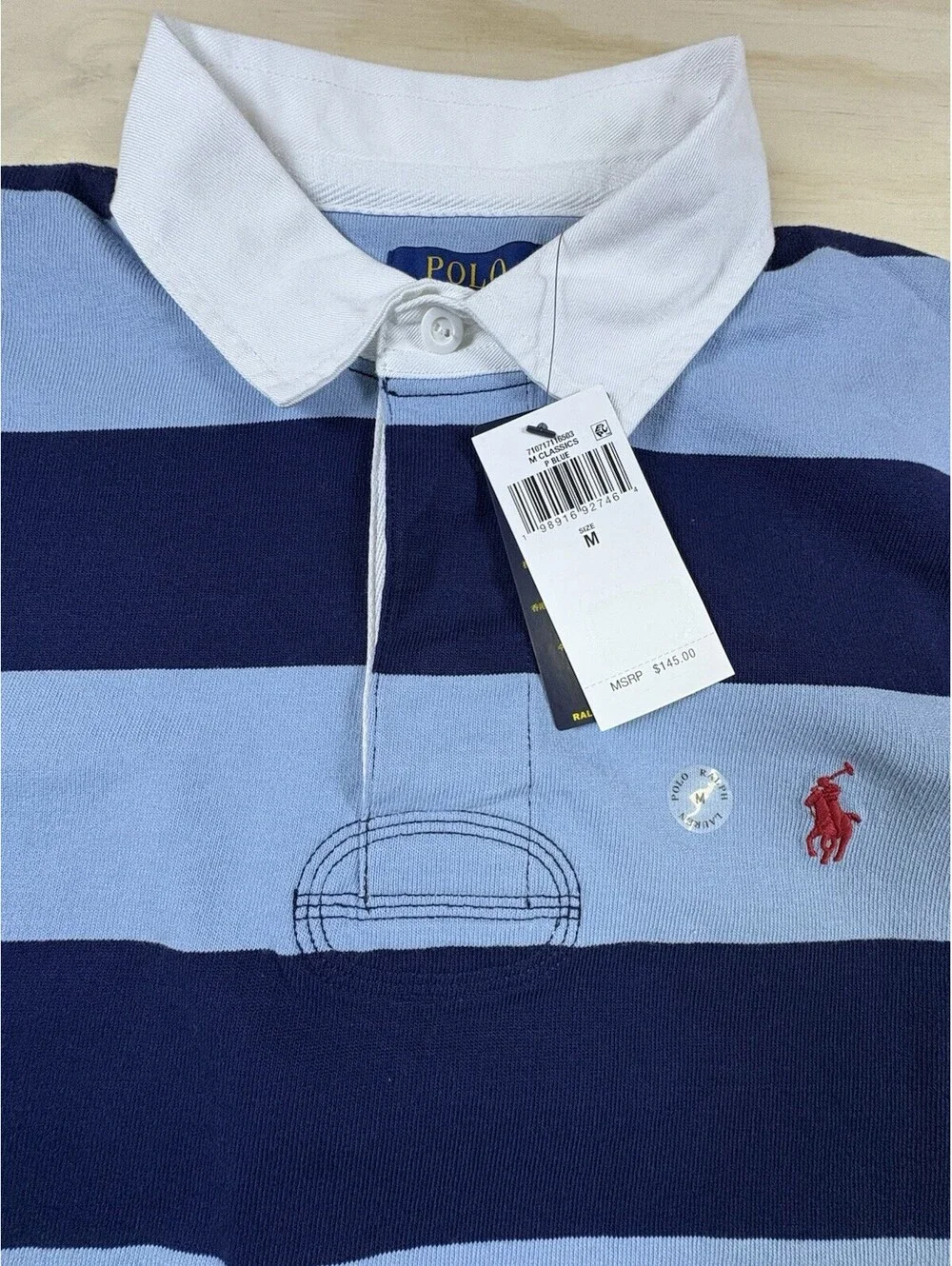 NWT Polo Ralph Lauren Rugby Shirt Men’s Medium Blue Stripe Classic Long Sleeve